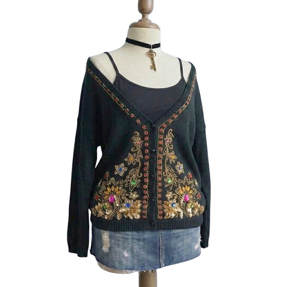 Vintage Black Beaded Sequin Gemstone Floral Cardigan Sweater Large‎ Holiday